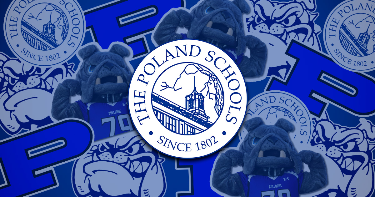 Collage of Poland Bulldogs Logos with the Poland Schools Logo in the center.